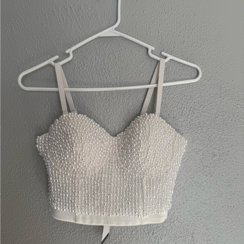 Elegant Pearl Embellished White Crop Top